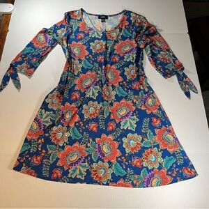 MSK Women's Floral Dress Medium-Blue Print, Short Tie Sleeve Lightweight